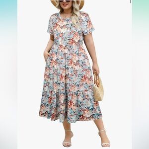 Chic Floral Midi Dress in Blue and Pink